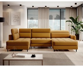 Divano angolare giallo allungabile/con contenitore (con penisola a sinistra/a U) e rivestimento in velluto Berrto – ELTAP