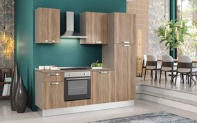 Cucina montata Dora rovere chiaro, lavello a sinistra, L 225 cm, completa di: cappa a camino, piano cottura a induzione, forno, frigorifero