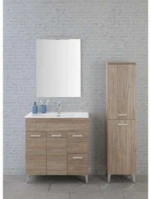 Mobile Bagno a Terra 80 Cm Due Ante Due Cassetti Specchio Con Illuminazione Led Feridras "Greta" Rovere Tropea