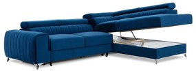 Divano angolare blu allungabile/con contenitore (con penisola a destra/a L) e rivestimento in velluto Laurence – ELTAP