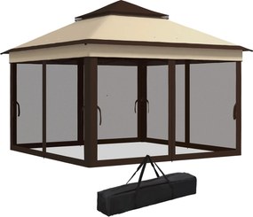 Gazebo Regolabile su 3 Livelli con Pareti Rimovibili 3x3m in Acciaio e tessuto Oxford Caffè e Beige...