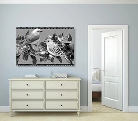 Stampa su tela – Uccellini e fiori in bianco e nero in versione vintage