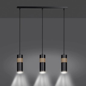 Lampadario 3 Luci Akari In Acciaio Nero A Cilindro Con Legno Naturale