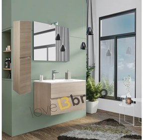 Mobile da bagno sospeso 80 cm con lavabo, colonna, specchio e led rovere fumo