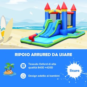 Costway Parco acquatico gonfiabile con compressore per l’uso bagnato e asciutto, Scivolo acquatico gonfiabile con piscina