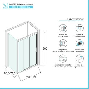 Box doccia 70x170 cm con porta scorrevole trasparente H 200 cm Ted