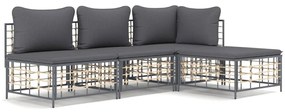 Set divani da giardino 4 pz con cuscini antracite in polyrattan