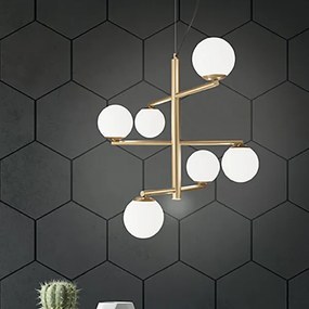 Lampada a sospensione GIZAH a 6 luci in metallo D76 cm con diffusori in vetro soffiato ORO