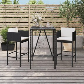 Set Bar Da Giardino 3 Pz Con Cuscini İn Polyrattan Nero /
