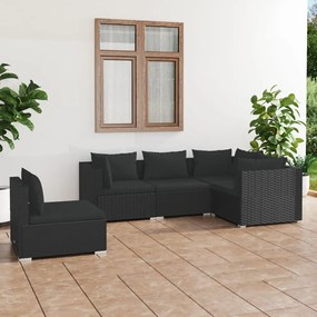 Set divani da giardino 5 pz con cuscini in polyrattan nero