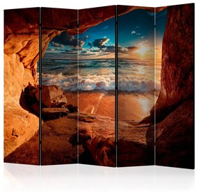 Paravento design Grotta: Spiaggia II (5 parti) - vista tra le rocce sull'oceano