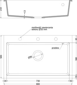 Mexen Elix lavello da cucina in granito 1 vasca 800 x 500 mm, bianco, sifone cromato - 6527801005-20