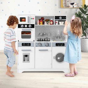 Costway Set di giocattoli in legno con lavello rubinetto dispenser d'acqua microonde, Cucina da gioco per bambini 3+ anni Bianco