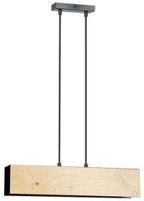 Lampadario 2 Luci Merlino In Acciaio Nero Corpo Rettangolare E Legno Naturale