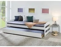 Letto singolo con secondo letto sollevabile, in pino massello color bianco, cm 209x97x62