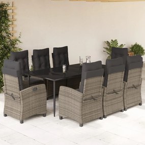 Set da pranzo da giardino 9 pz con cuscini in polyrattan grigio