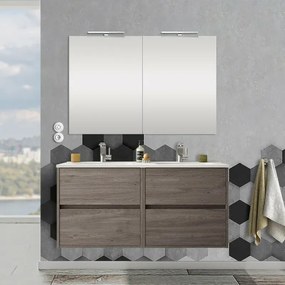 Mobile bagno 120 cm con 4 cassetti, doppio lavabo e specchio Mavi rovere corteccia