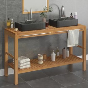 Armadietto Da Bagno İn Legno Di Teak Con Lavabi İn Marmo Nero /
