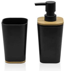 Set bagno dispenser e portaspazzolino nero opaco con dettagli in bambù