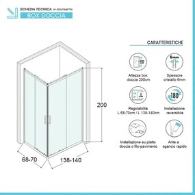 Box doccia angolare 70x140 cm doppio scorrevole in cristallo trasparente Ted