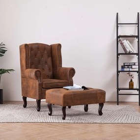 Poltrona Chesterfield Poggiapiedi Marrone Ecopelle Scamosciata /