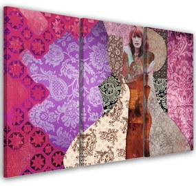 Quadro su tela 3 pannelli, Una donna su uno sfondo decorativo