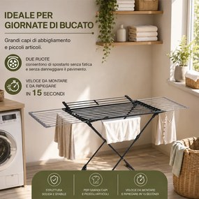 Stendibiancheria Allungabile 108-182 cm Stendino Salvaspazio Capacità 20 kg Estensibile in Ferro e PP Nero...