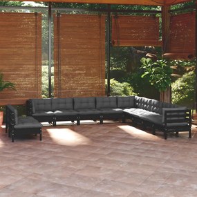 Set divani da giardino 11 pz con cuscini neri massello di pino