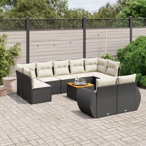 Set divani da giardino 10pz con cuscini in polyrattan nero