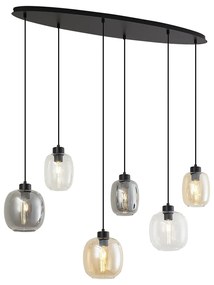 Lampada a sospensione nera con vetro ambrato, fumé e trasparente a 6 luci - Elena