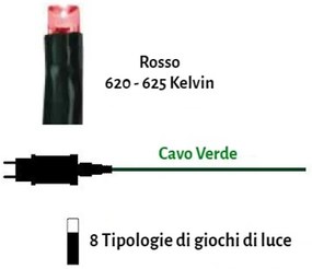 Catenaria Natalizia LED 8m 8 GIOCHI DI LUCE Cavo VERDE IP44 Luce ROSSO Colore Rosso 620 - 625 °K