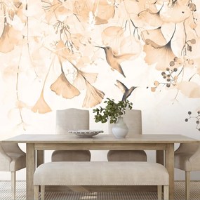 Carta da parati – Foglie con Colibrì in Tonalità Peach Fuzz