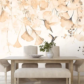 Carta da parati – Foglie con Colibrì in Tonalità Peach Fuzz