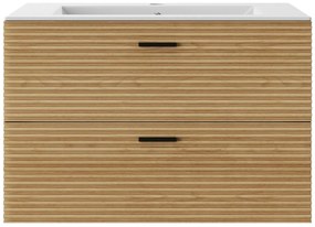 Mobile bagno sospeso striato con lavabo da incasso - 2 cassetti - Rovere naturale chiaro - 80 cm - SARONE