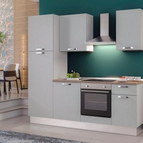 Cucina montata Dora bianco spatolato, lavello a sinistra, L 225 cm, completa di: cappa a camino, piano cottura a induzione, forno e frigorifero