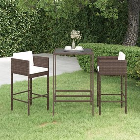 Set bar da giardino 3 pz con cuscini in polyrattan marrone