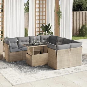 Set divano da giardino 9 pz con cuscini beige in polyrattan