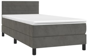 Letto a molle con materasso e led grigio scuro 90x200cm velluto