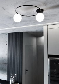 Plafoniera Minimal 2 Luci Sopra In Acciaio Nero E Sfere In Vetro Bianco