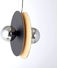 Sospensione Minimal Nordica Brigid 2 Luci In Acciaio Nero E Legno Vetro Fumè