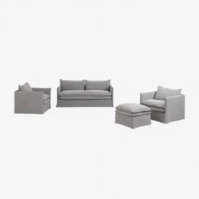 Set Da Soggiorno Grace In Lino E Cotone Con Divano 3 Posti, 2 Poltrone E Pouf Tessuto Grigio Scuro - Sklum