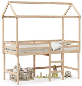 Letto Soppalco Con Scala E Tetto 90x200 Cm Legno Massello Pino /