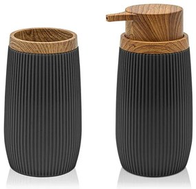 Set 2 pezzi Dispenser sapone e Porta spazzolino Nero dettagli effetto legno Blob