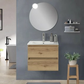 Mobile bagno sospeso 60cm in legno quercia naturale 2 cassettoni con lavabo e specchio Leda