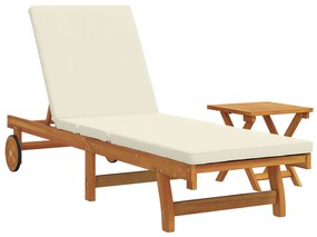 Lettino da sole con tavolo e cuscino in legno massello di acacia