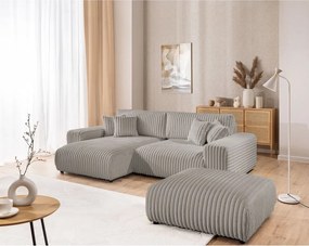 Divano angolare con penisola a sinistra grigio chiaro e rivestimento in velluto a coste allungabile e con contenitore Sarina – Ropez