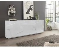 Credenza moderna a 4 ante e 3 cassetti, Made in Italy, Madia da cucina con dettaglio, Buffet di design da soggiorno, cm 224x44h86, Bianco lucido