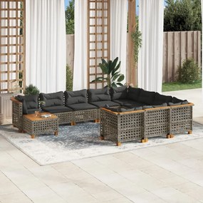 Set divani da giardino 11 pz con cuscini in polyrattan grigio