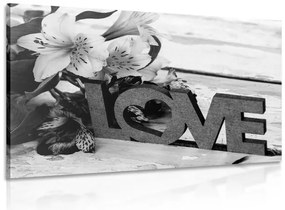 Quadro su tela – Con scritta in legno Love in bianco e nero
