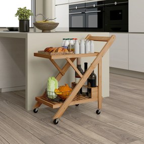 Carrello da Cucina Portavivande Pieghevole 66x40x70 cm a 2 Livelli con Portabottiglie in Legno di Bambù...